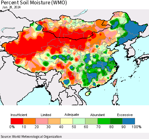 China, Mongolia and Taiwan Percent Soil Moisture (WMO) Thematic Map For 1/22/2024 - 1/28/2024