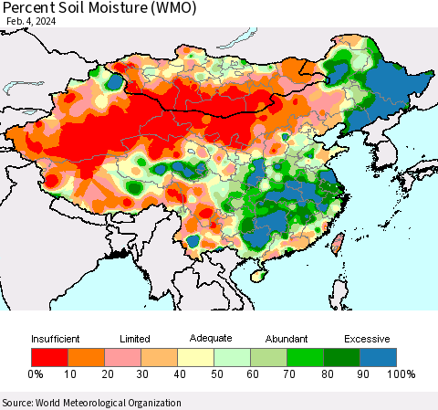 China, Mongolia and Taiwan Percent Soil Moisture (WMO) Thematic Map For 1/29/2024 - 2/4/2024