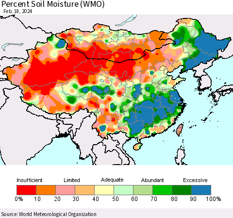 China, Mongolia and Taiwan Percent Soil Moisture (WMO) Thematic Map For 2/12/2024 - 2/18/2024