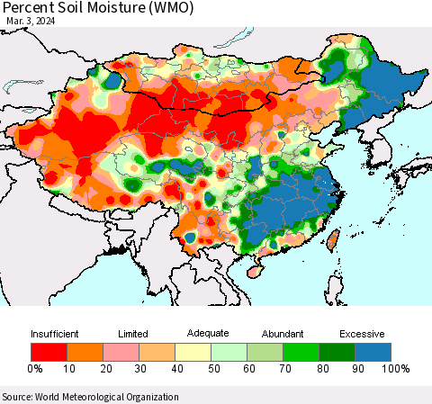 China, Mongolia and Taiwan Percent Soil Moisture (WMO) Thematic Map For 2/26/2024 - 3/3/2024