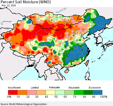 China, Mongolia and Taiwan Percent Soil Moisture (WMO) Thematic Map For 3/4/2024 - 3/10/2024