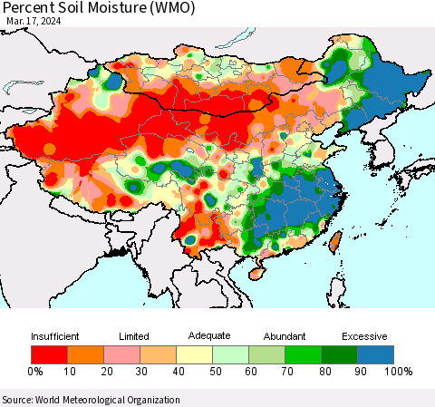 China, Mongolia and Taiwan Percent Soil Moisture (WMO) Thematic Map For 3/11/2024 - 3/17/2024