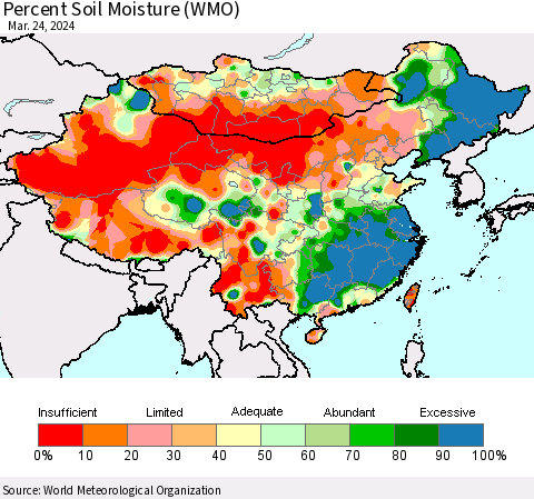 China, Mongolia and Taiwan Percent Soil Moisture (WMO) Thematic Map For 3/18/2024 - 3/24/2024