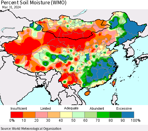 China, Mongolia and Taiwan Percent Soil Moisture (WMO) Thematic Map For 3/25/2024 - 3/31/2024