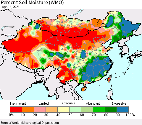 China, Mongolia and Taiwan Percent Soil Moisture (WMO) Thematic Map For 4/8/2024 - 4/14/2024