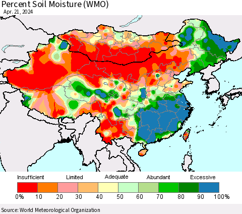China, Mongolia and Taiwan Percent Soil Moisture (WMO) Thematic Map For 4/15/2024 - 4/21/2024