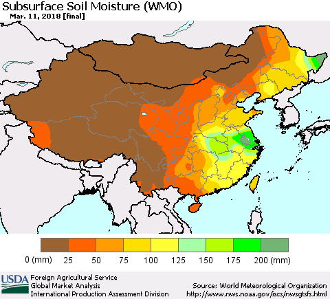 China, Mongolia and Taiwan Subsurface Soil Moisture (WMO) Thematic Map For 3/5/2018 - 3/11/2018