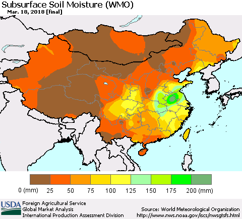 China, Mongolia and Taiwan Subsurface Soil Moisture (WMO) Thematic Map For 3/12/2018 - 3/18/2018