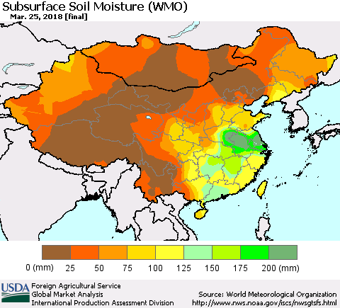 China, Mongolia and Taiwan Subsurface Soil Moisture (WMO) Thematic Map For 3/19/2018 - 3/25/2018