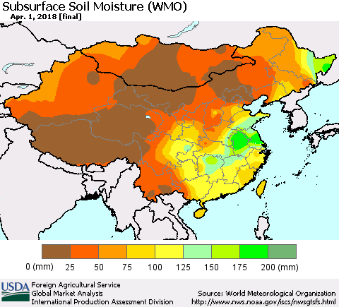 China, Mongolia and Taiwan Subsurface Soil Moisture (WMO) Thematic Map For 3/26/2018 - 4/1/2018
