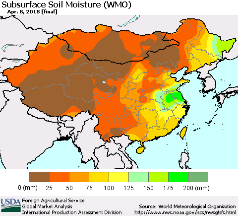 China, Mongolia and Taiwan Subsurface Soil Moisture (WMO) Thematic Map For 4/2/2018 - 4/8/2018