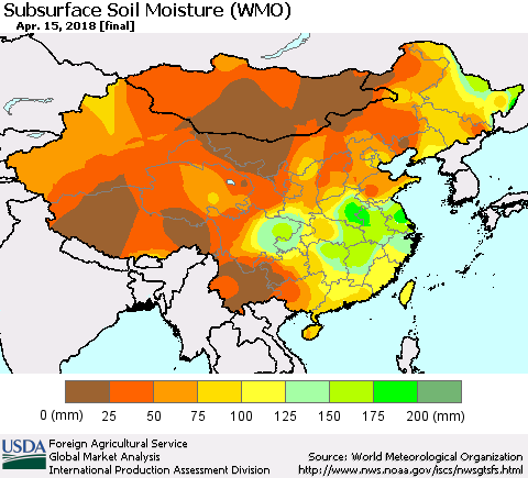China, Mongolia and Taiwan Subsurface Soil Moisture (WMO) Thematic Map For 4/9/2018 - 4/15/2018