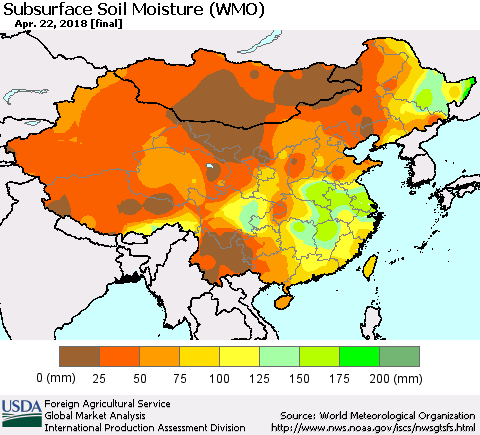 China, Mongolia and Taiwan Subsurface Soil Moisture (WMO) Thematic Map For 4/16/2018 - 4/22/2018