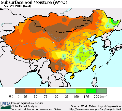 China, Mongolia and Taiwan Subsurface Soil Moisture (WMO) Thematic Map For 4/23/2018 - 4/29/2018