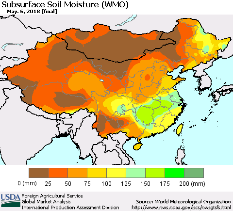 China, Mongolia and Taiwan Subsurface Soil Moisture (WMO) Thematic Map For 4/30/2018 - 5/6/2018