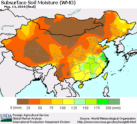 China, Mongolia and Taiwan Subsurface Soil Moisture (WMO) Thematic Map For 5/7/2018 - 5/13/2018