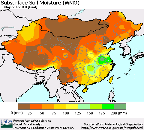 China, Mongolia and Taiwan Subsurface Soil Moisture (WMO) Thematic Map For 5/14/2018 - 5/20/2018