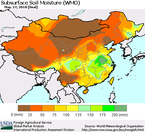 China, Mongolia and Taiwan Subsurface Soil Moisture (WMO) Thematic Map For 5/21/2018 - 5/27/2018