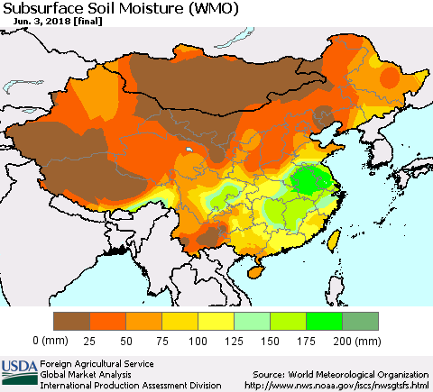 China, Mongolia and Taiwan Subsurface Soil Moisture (WMO) Thematic Map For 5/28/2018 - 6/3/2018