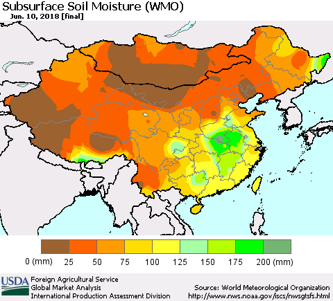 China, Mongolia and Taiwan Subsurface Soil Moisture (WMO) Thematic Map For 6/4/2018 - 6/10/2018