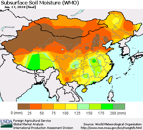 China, Mongolia and Taiwan Subsurface Soil Moisture (WMO) Thematic Map For 6/11/2018 - 6/17/2018