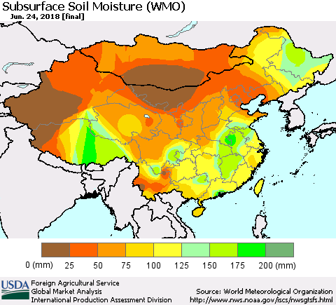 China, Mongolia and Taiwan Subsurface Soil Moisture (WMO) Thematic Map For 6/18/2018 - 6/24/2018