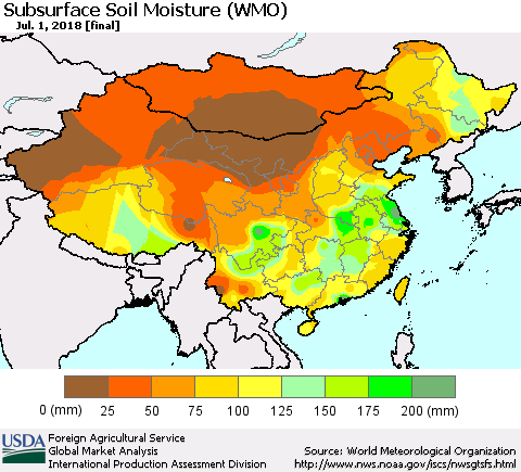 China, Mongolia and Taiwan Subsurface Soil Moisture (WMO) Thematic Map For 6/25/2018 - 7/1/2018