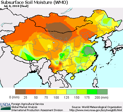 China, Mongolia and Taiwan Subsurface Soil Moisture (WMO) Thematic Map For 7/2/2018 - 7/8/2018