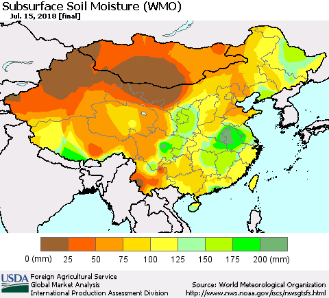 China, Mongolia and Taiwan Subsurface Soil Moisture (WMO) Thematic Map For 7/9/2018 - 7/15/2018