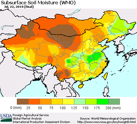 China, Mongolia and Taiwan Subsurface Soil Moisture (WMO) Thematic Map For 7/16/2018 - 7/22/2018