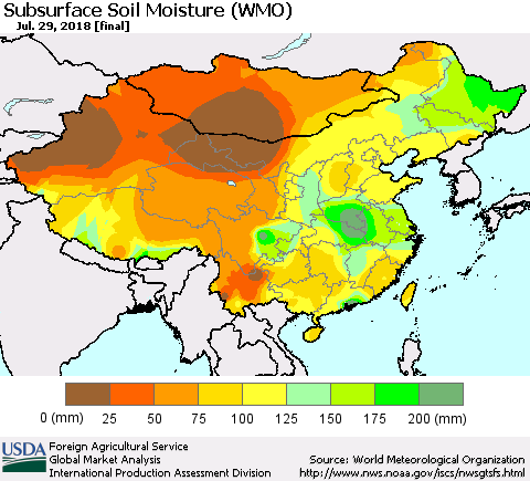 China, Mongolia and Taiwan Subsurface Soil Moisture (WMO) Thematic Map For 7/23/2018 - 7/29/2018