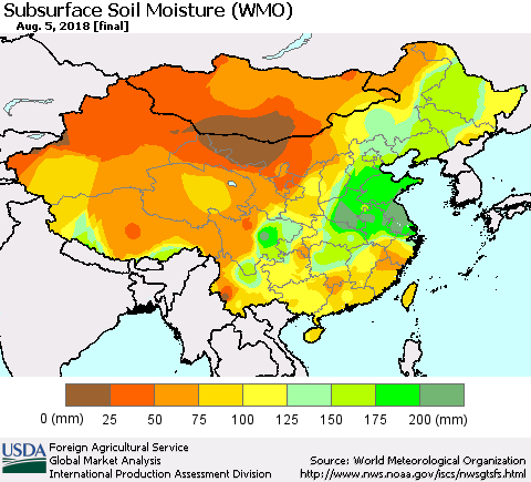 China, Mongolia and Taiwan Subsurface Soil Moisture (WMO) Thematic Map For 7/30/2018 - 8/5/2018