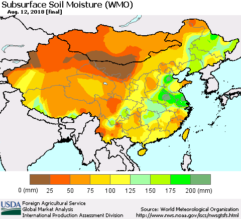 China, Mongolia and Taiwan Subsurface Soil Moisture (WMO) Thematic Map For 8/6/2018 - 8/12/2018
