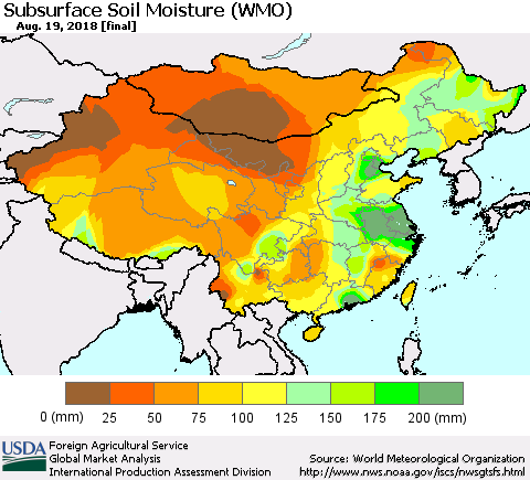 China, Mongolia and Taiwan Subsurface Soil Moisture (WMO) Thematic Map For 8/13/2018 - 8/19/2018
