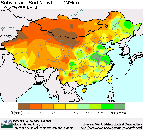 China, Mongolia and Taiwan Subsurface Soil Moisture (WMO) Thematic Map For 8/20/2018 - 8/26/2018