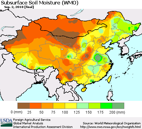 China, Mongolia and Taiwan Subsurface Soil Moisture (WMO) Thematic Map For 8/27/2018 - 9/2/2018