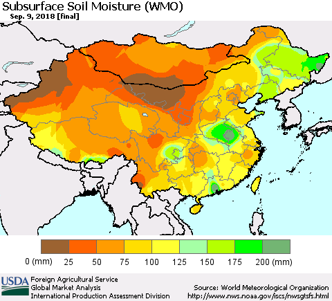 China and Taiwan Subsurface Soil Moisture (WMO) Thematic Map For 9/3/2018 - 9/9/2018