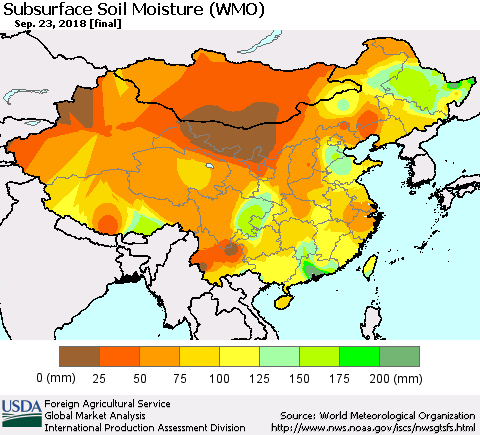 China and Taiwan Subsurface Soil Moisture (WMO) Thematic Map For 9/17/2018 - 9/23/2018