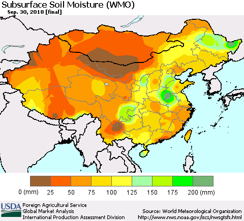 China and Taiwan Subsurface Soil Moisture (WMO) Thematic Map For 9/24/2018 - 9/30/2018