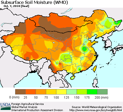 China and Taiwan Subsurface Soil Moisture (WMO) Thematic Map For 10/1/2018 - 10/7/2018