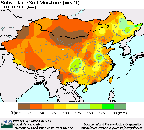 China and Taiwan Subsurface Soil Moisture (WMO) Thematic Map For 10/8/2018 - 10/14/2018