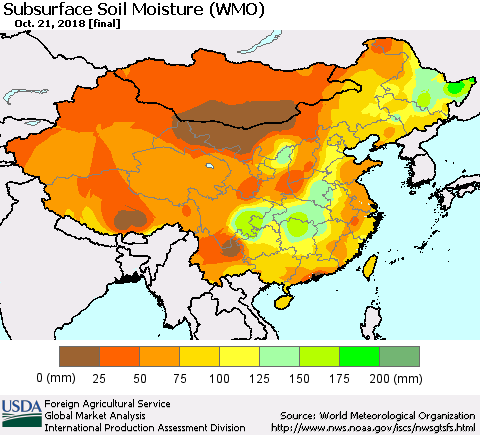 China, Mongolia and Taiwan Subsurface Soil Moisture (WMO) Thematic Map For 10/15/2018 - 10/21/2018