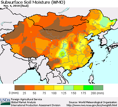 China and Taiwan Subsurface Soil Moisture (WMO) Thematic Map For 10/29/2018 - 11/4/2018