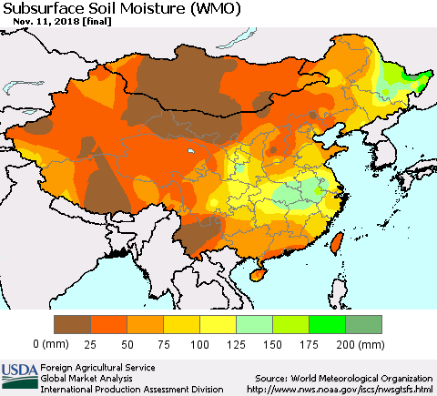 China and Taiwan Subsurface Soil Moisture (WMO) Thematic Map For 11/5/2018 - 11/11/2018