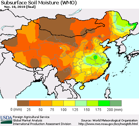 China and Taiwan Subsurface Soil Moisture (WMO) Thematic Map For 11/12/2018 - 11/18/2018