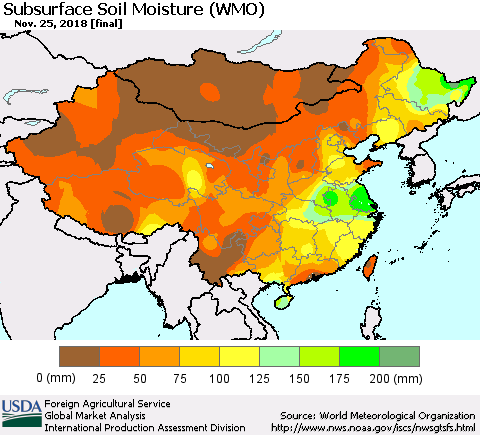 China, Mongolia and Taiwan Subsurface Soil Moisture (WMO) Thematic Map For 11/19/2018 - 11/25/2018