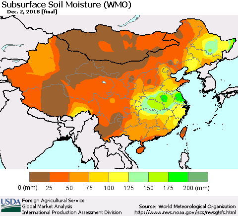 China and Taiwan Subsurface Soil Moisture (WMO) Thematic Map For 11/26/2018 - 12/2/2018