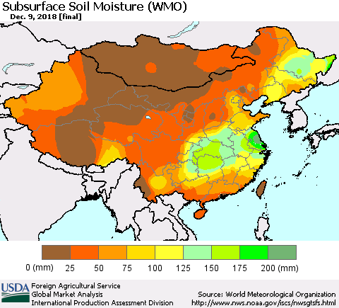 China and Taiwan Subsurface Soil Moisture (WMO) Thematic Map For 12/3/2018 - 12/9/2018