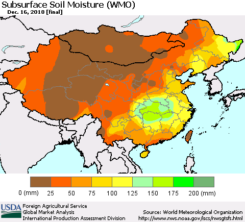 China, Mongolia and Taiwan Subsurface Soil Moisture (WMO) Thematic Map For 12/10/2018 - 12/16/2018