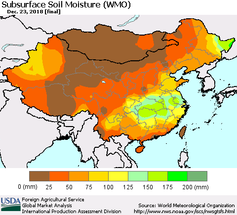 China, Mongolia and Taiwan Subsurface Soil Moisture (WMO) Thematic Map For 12/17/2018 - 12/23/2018